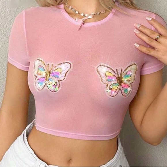 Pink mesh butterfly top - Picture 1 of 3